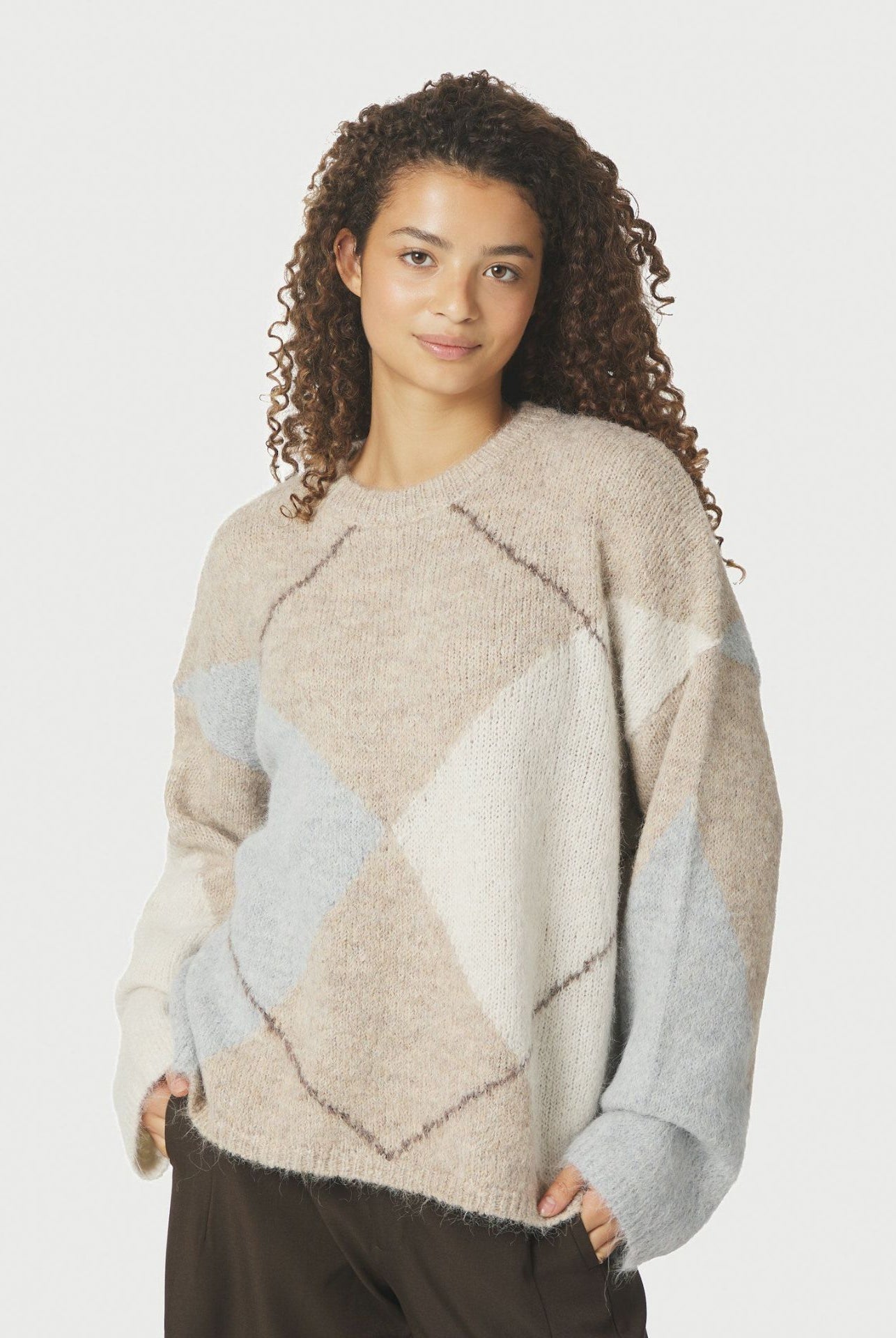 Inga Check Fluff Knit Blouse - Beige Melange - Genser - Helt Dilla AS