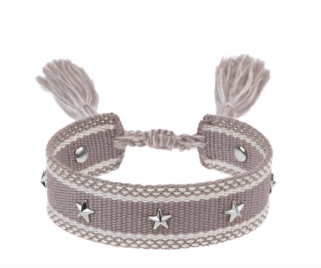 Woven Friendship Bracelet W/Star Studs - TAUPE W/SILVER