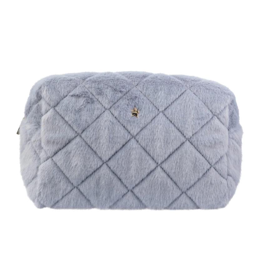 Faux Fur Quilted Make-Up Pouch Large - COOL BLUE