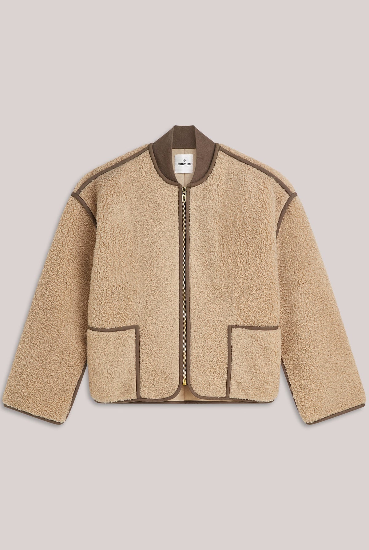 Lett, taupe Bonded Teddy jakke fra Summum Woman, varm yttertøy med mykt, teddy-innlegg og justerbar hette.
