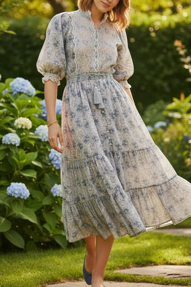 Cotton Slub Midi Dress - Blue Paisley - Kjoler - Helt Dilla AS