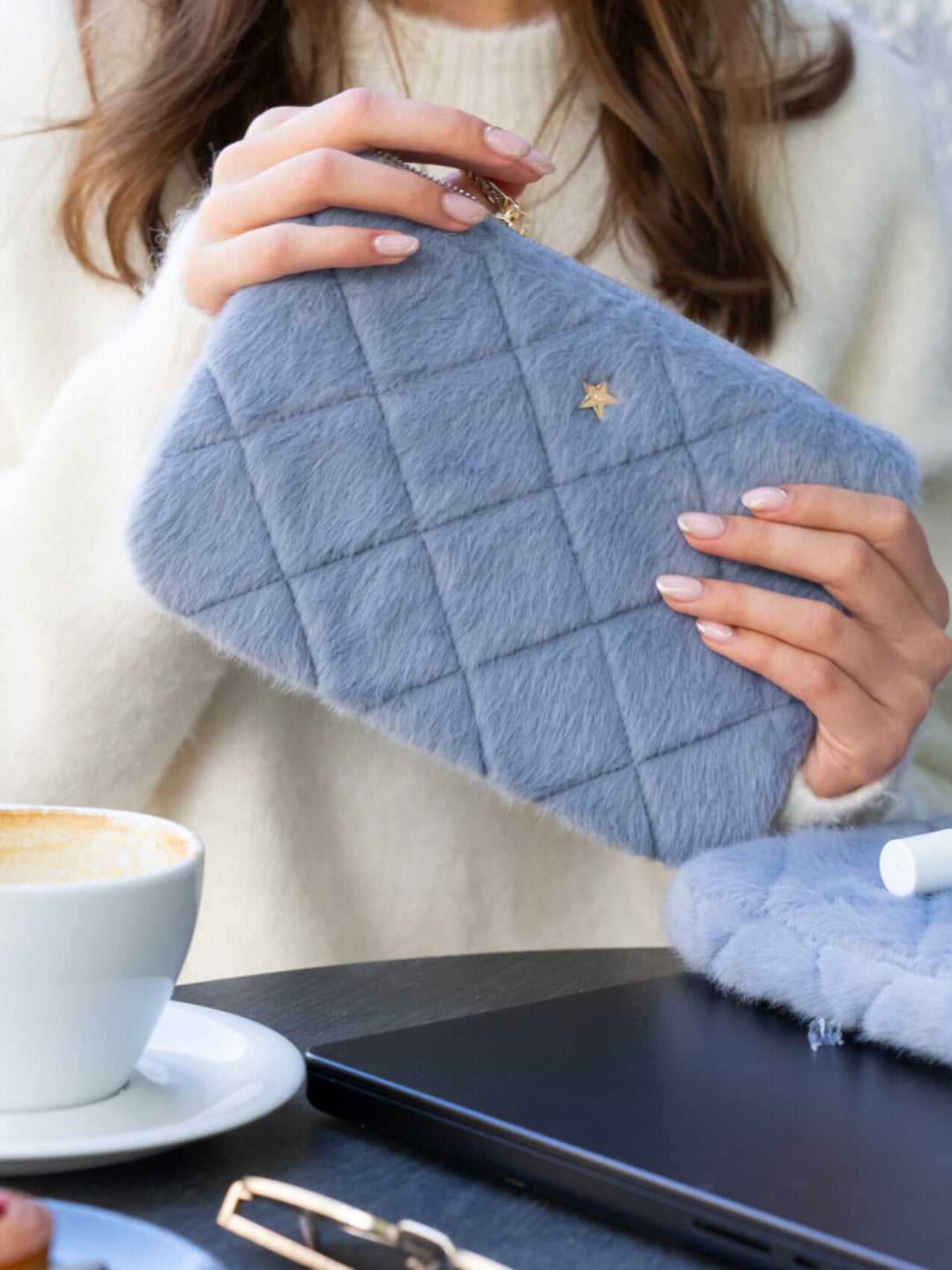 Faux Fur Quilted Small Pouch - cool blue