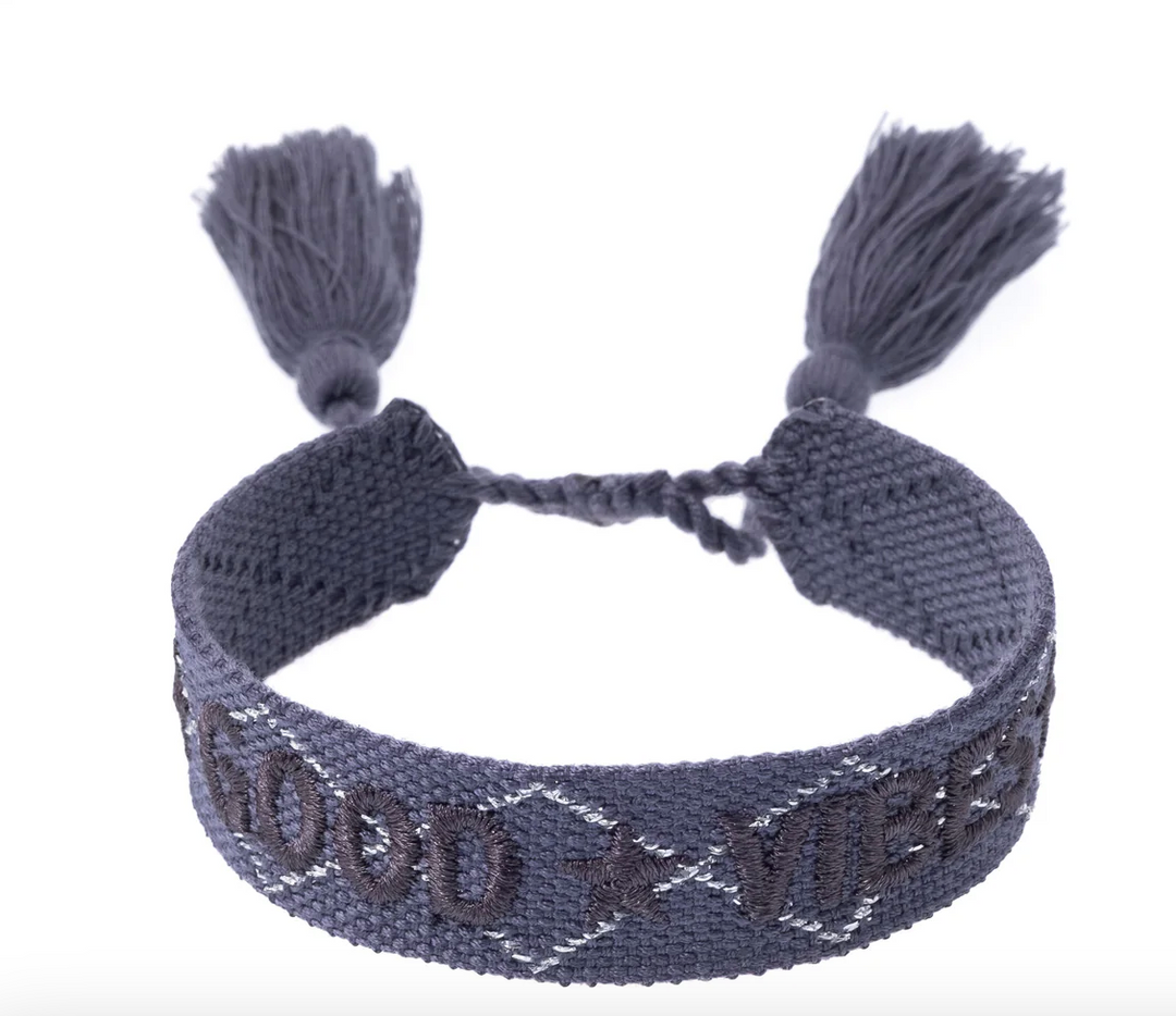 Woven Friendship Bracelet - "Good Vibes" Steel Blue W/Silver
