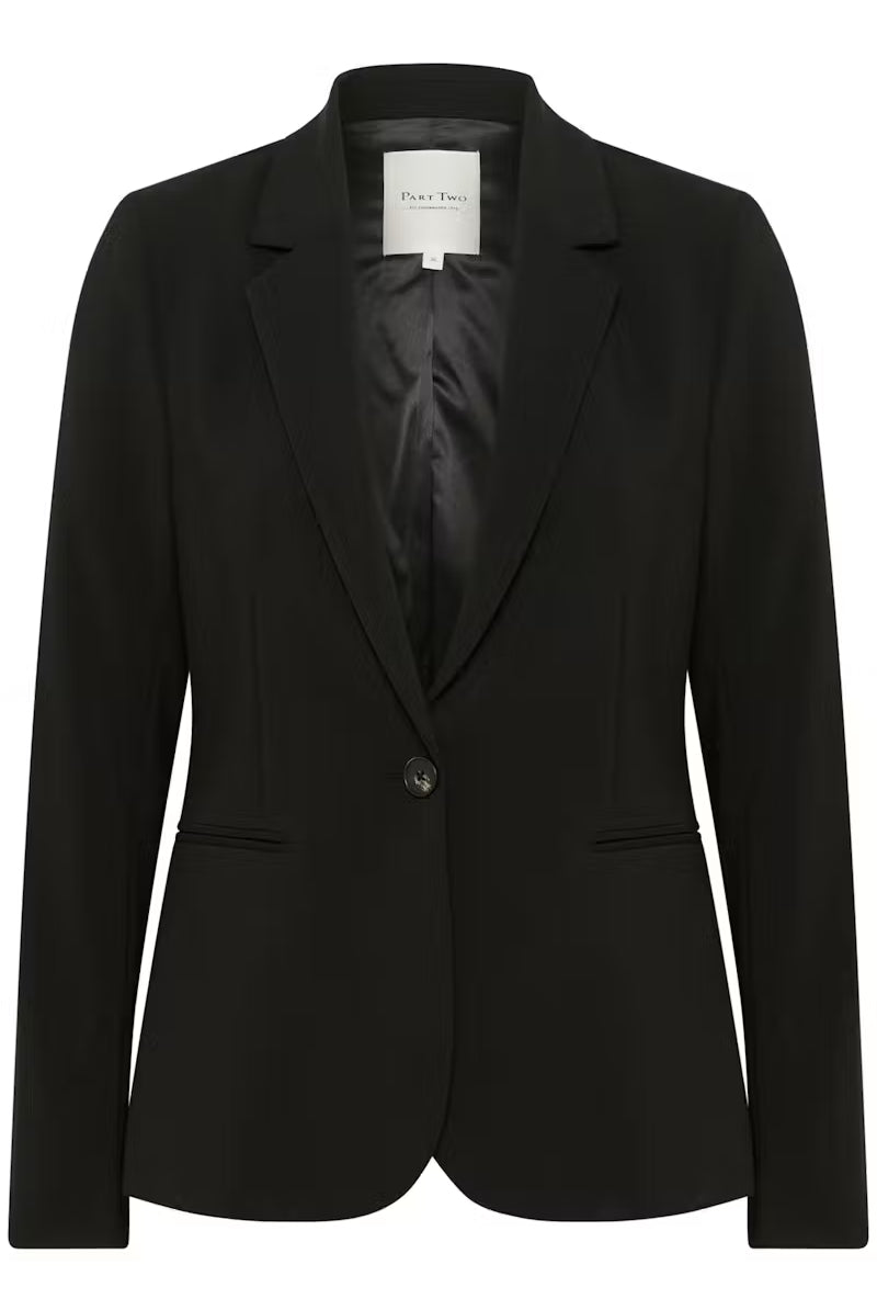 Sort Part Two Taylor blazer i svart stoff, detaljert med knappelukking og klassisk passform.