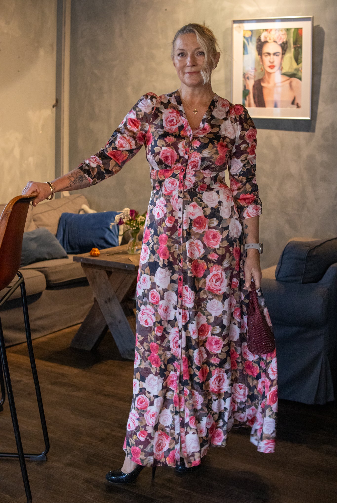 Satin Button Down dress - Midnight roses - Kjoler - Helt Dilla AS