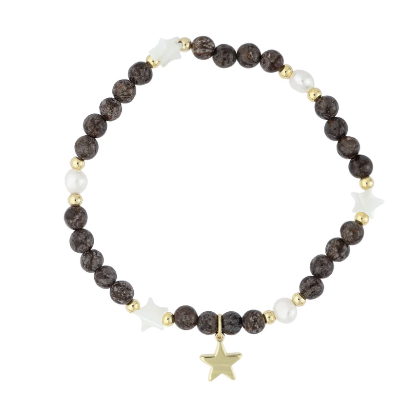 Stone Bead Bracelet W/Mop Star & Pearls - Chocolate Brown