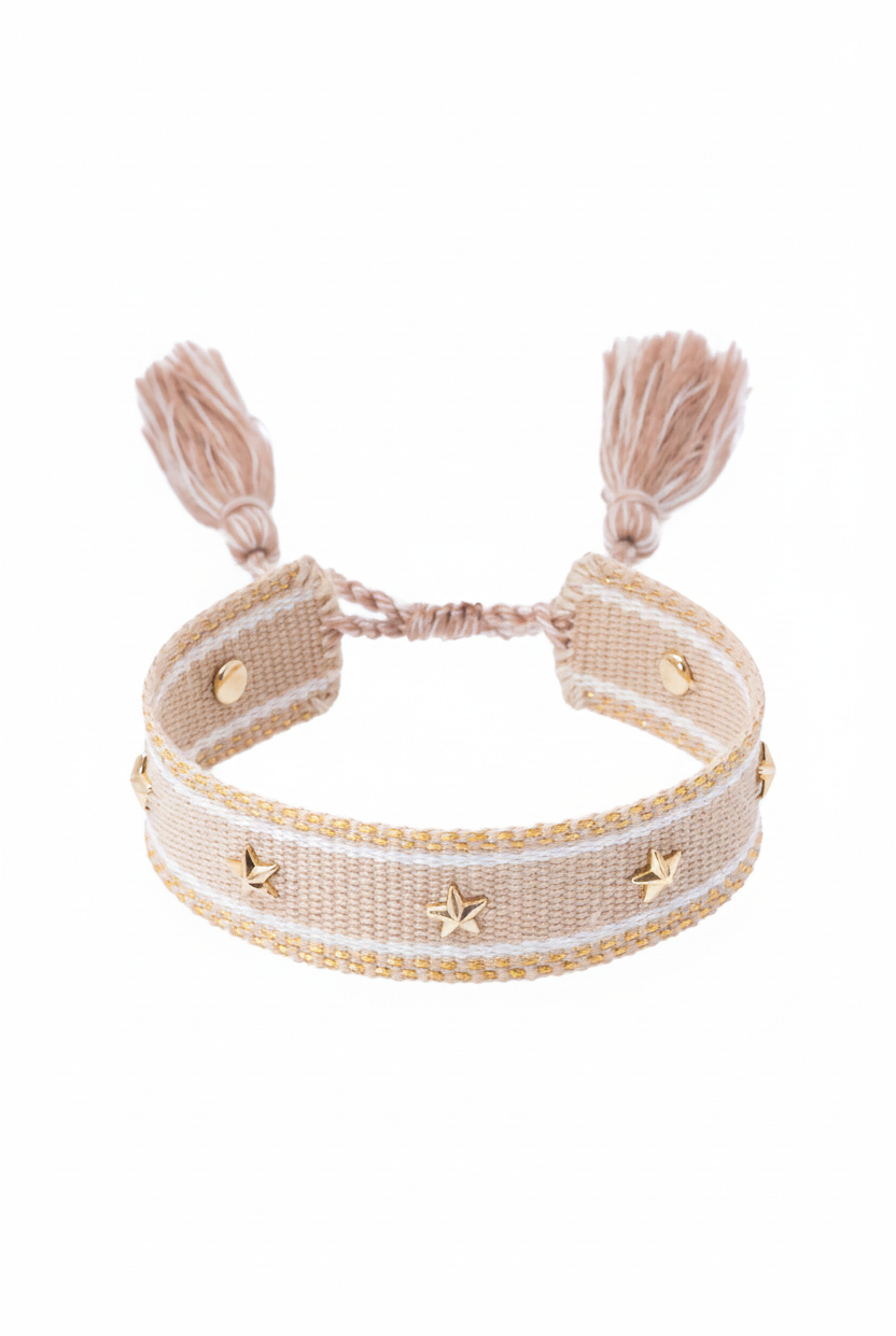 Woven Friendship Bracelet W/Star Studs - Sand W/ Gold - Tilbehør - Helt Dilla AS