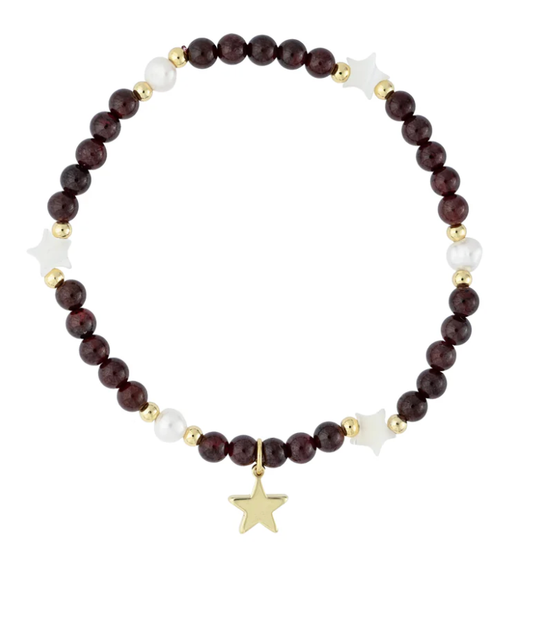 Stone Bead Bracelet W/Mop Star & Pearls - Maroon
