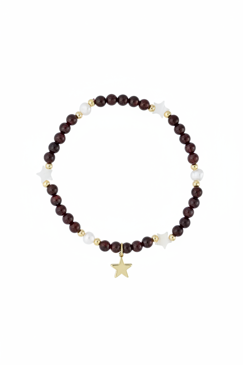 Stone Bead Bracelet W/Mop Star & Pearls - Maroon - Tilbehør - Helt Dilla AS