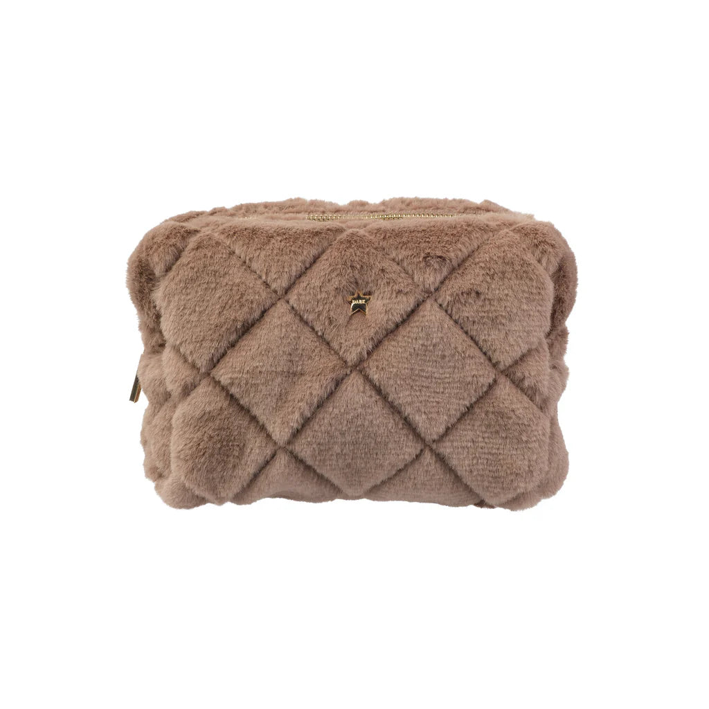 Faux Fur Quilted Make-Up Pouch Small - warm taupe