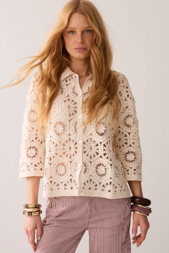 Kort sleeve heklet cardigan - pebble beige - Cardigans - Helt Dilla AS