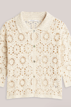 Kort sleeve heklet cardigan - pebble beige - Cardigans - Helt Dilla AS