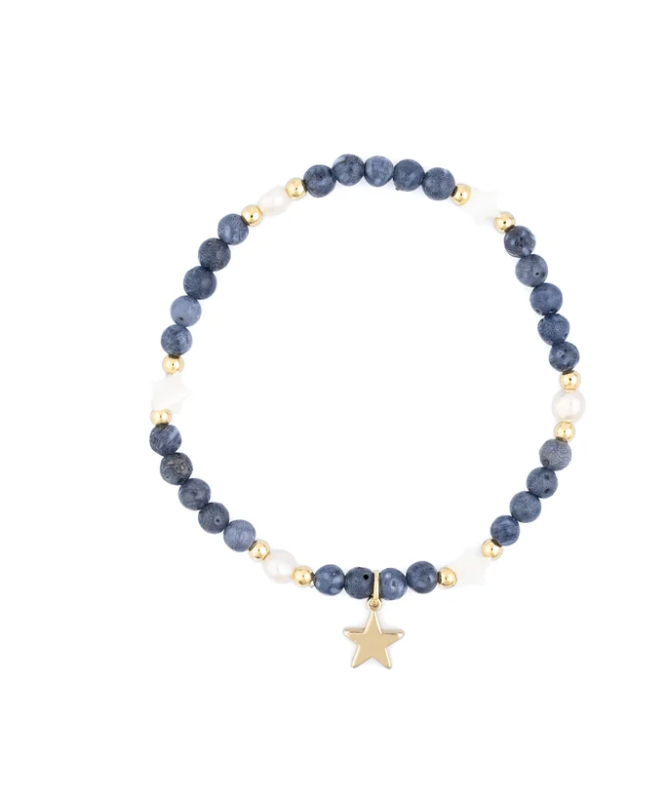 Stone Bead Bracelet W/Mop Star & Pearls - Steel Blue