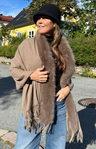 Skjerf ull/cashmere med fuskepels - Brun