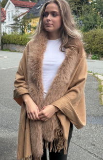Skjerf ull/cashmere med fuskepels - kamel