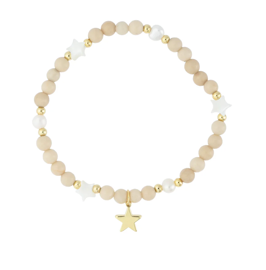 Stone Bead Bracelet W/Mop Star & Pearls - Sand