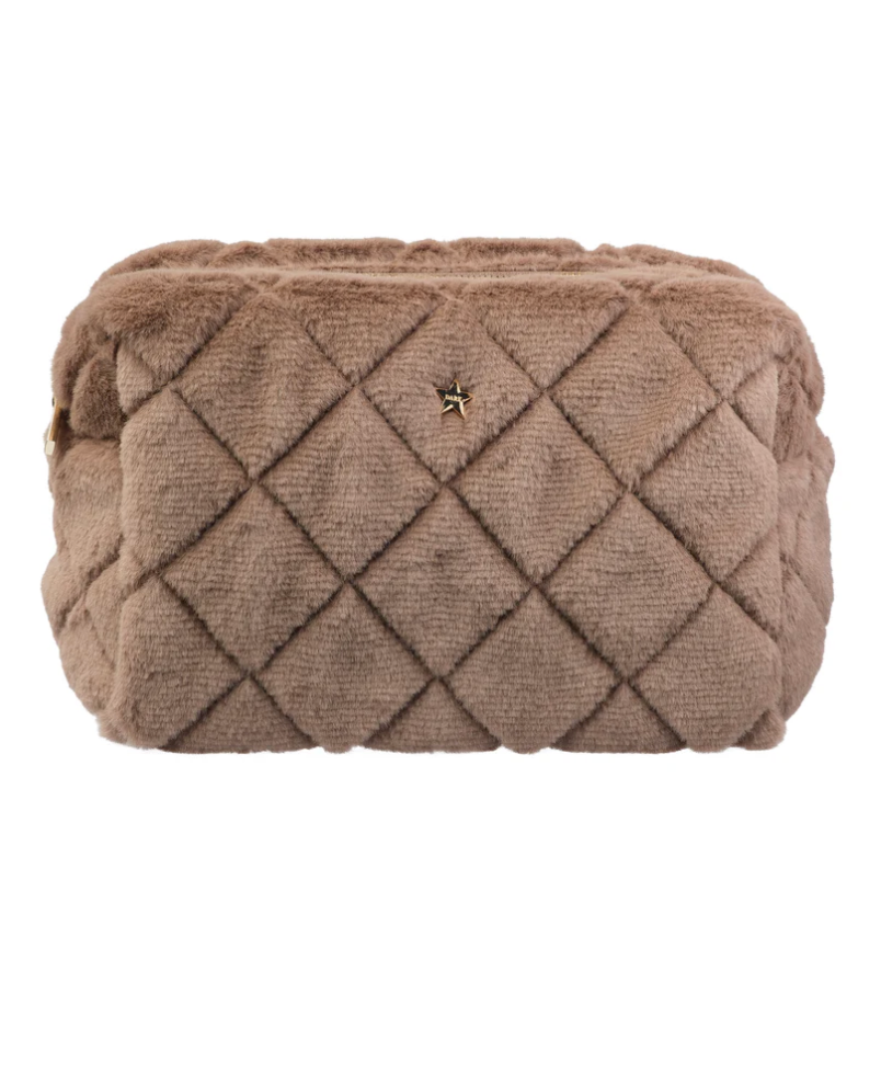 Faux Fur Quilted Make-Up Pouch Large - Warm Taupe