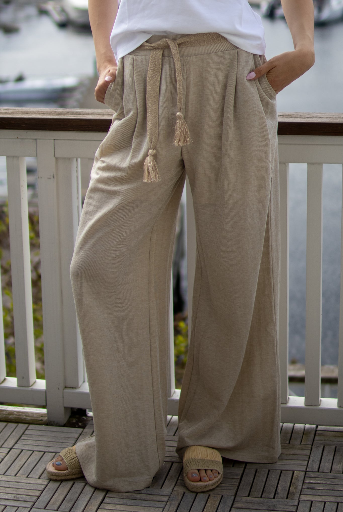 Jersey Trousers In Linen Look - Pebble Beige - Bukser - Helt Dilla AS