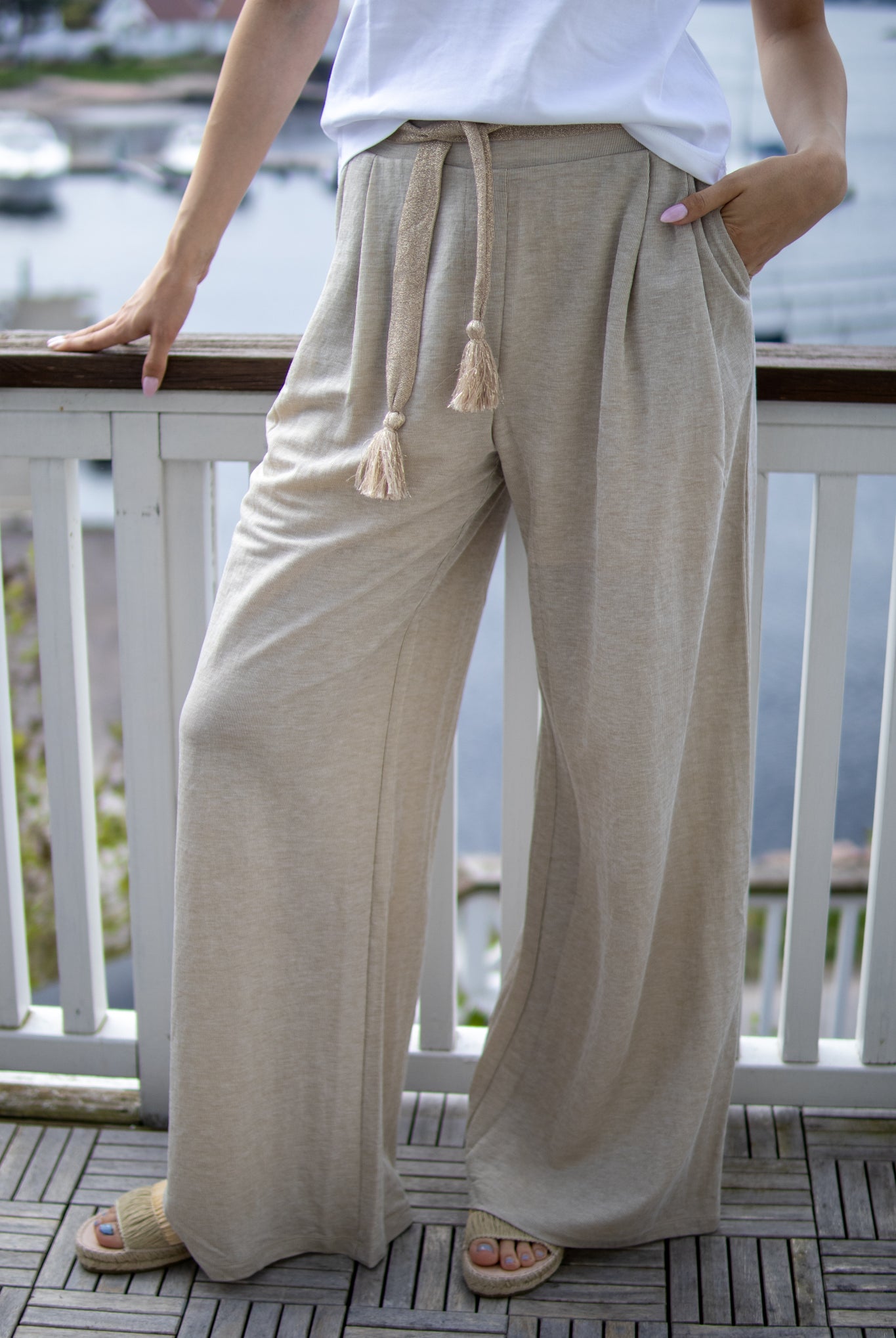 Jersey Trousers In Linen Look - Pebble Beige - Bukser - Helt Dilla AS