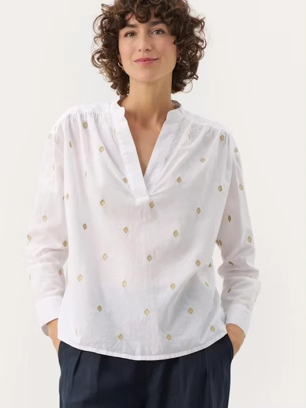 Natale Blouse - hvit med gull brderier