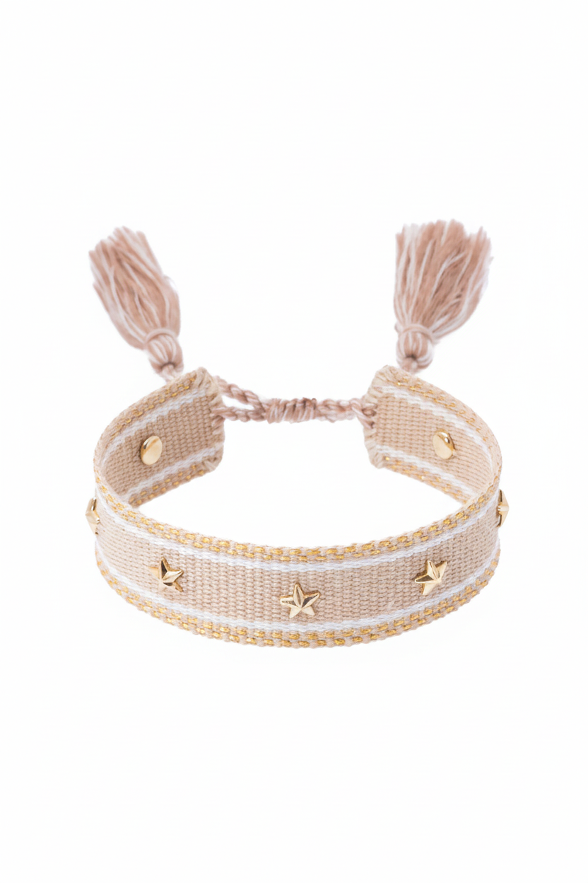 Woven Friendship Bracelet W/Star Studs - Sand W/ Gold - Tilbehør - Helt Dilla AS