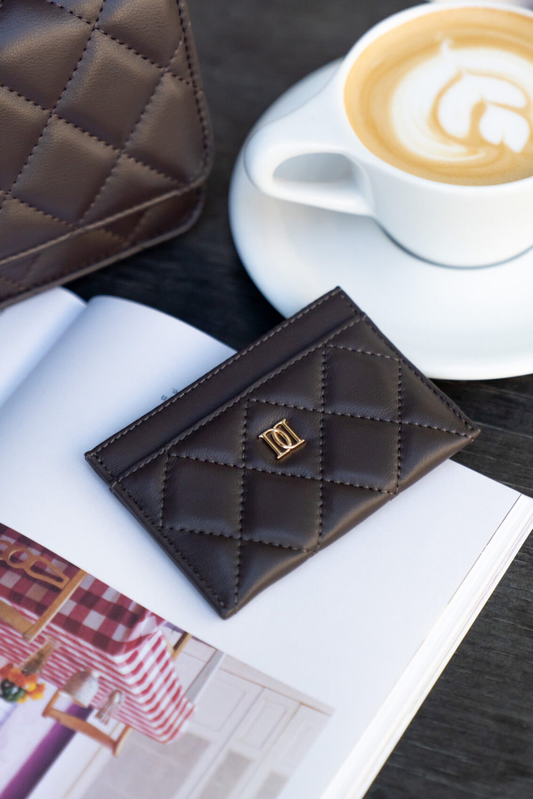 Leather Quilted Card Holder - Chocolate Brown