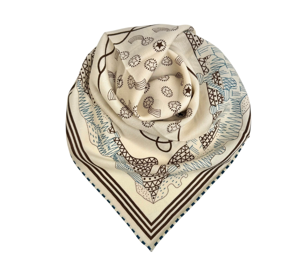 Skjerf i ull/silke med håndsydde kanter - Blå/brun/krem - Tilbehør - Helt Dilla AS