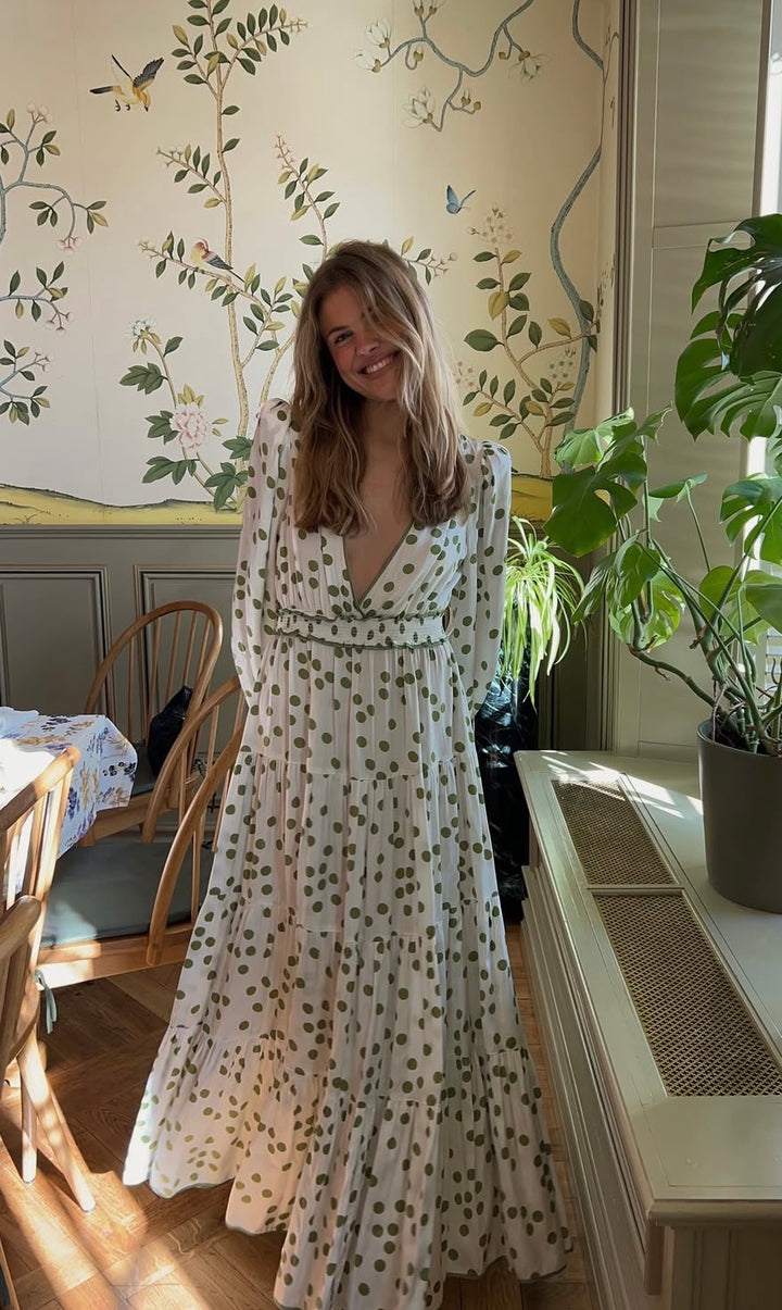 Satin Maxi Dress -  Green Dots