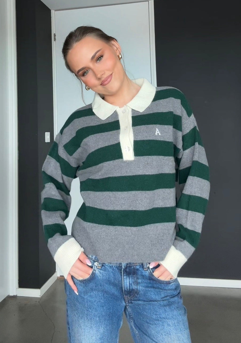Leigh Stripe sweater - Grey/Ivy Green - Genser - Helt Dilla AS