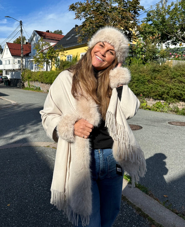 Skjerf ull/cashmere med fuskepels - Lys Beige