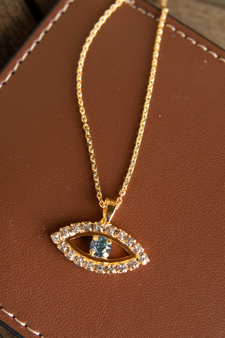 Greek eye necklace gold - crystal & aquamarine - Tilbehør - Helt Dilla AS