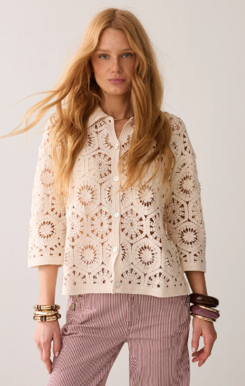 Kort sleeve heklet cardigan - pebble beige - Cardigans - Helt Dilla AS