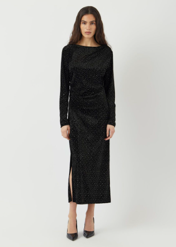 Tillia Velvet Long Dress - Black with Rhinestones