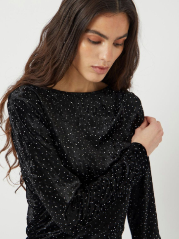 Tillia Velvet Long Dress - Black with Rhinestones