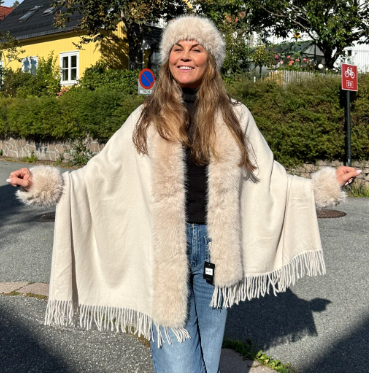 Skjerf ull/cashmere med fuskepels - Lys Beige