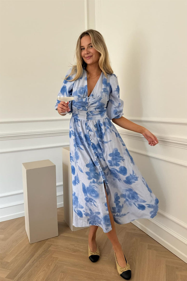 Adelic Long Dress Abstract Blue Flower Print