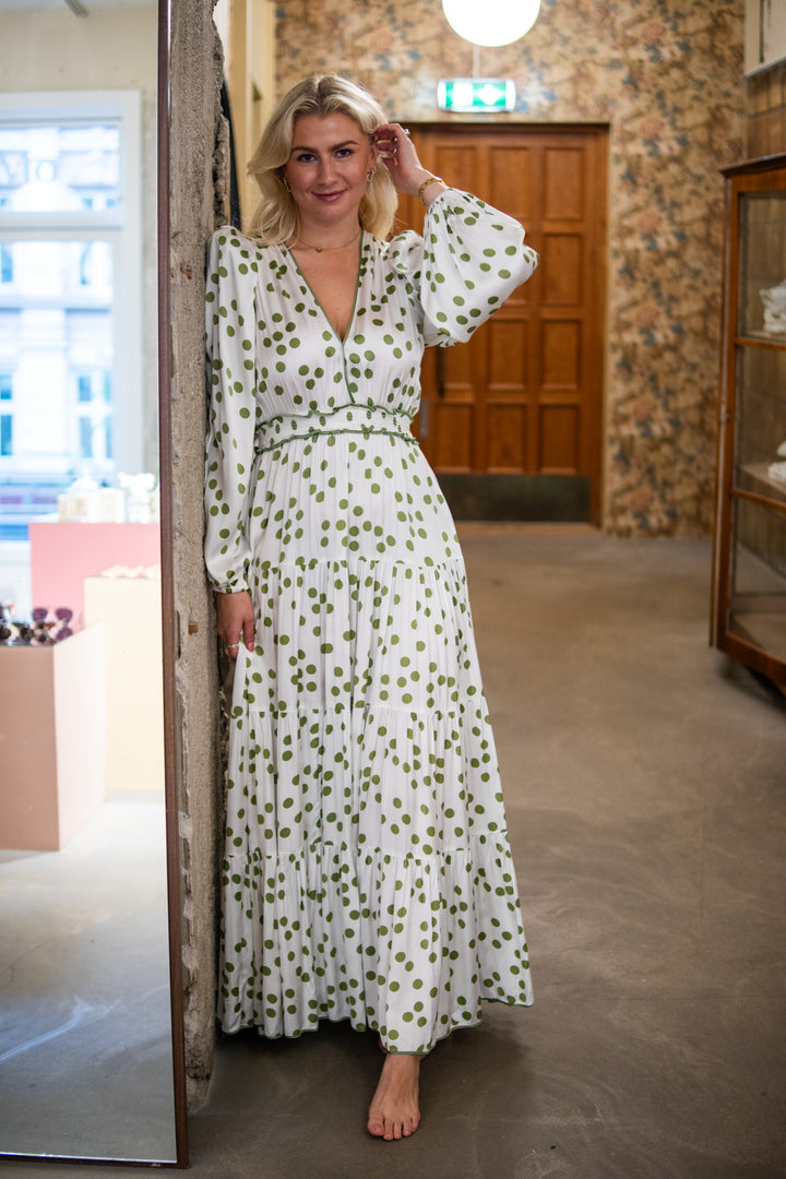 Satin Maxi Dress -  Green Dots