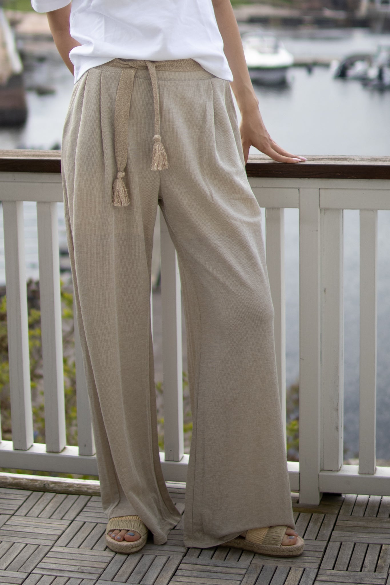 Jersey Trousers In Linen Look - Pebble Beige - Bukser - Helt Dilla AS