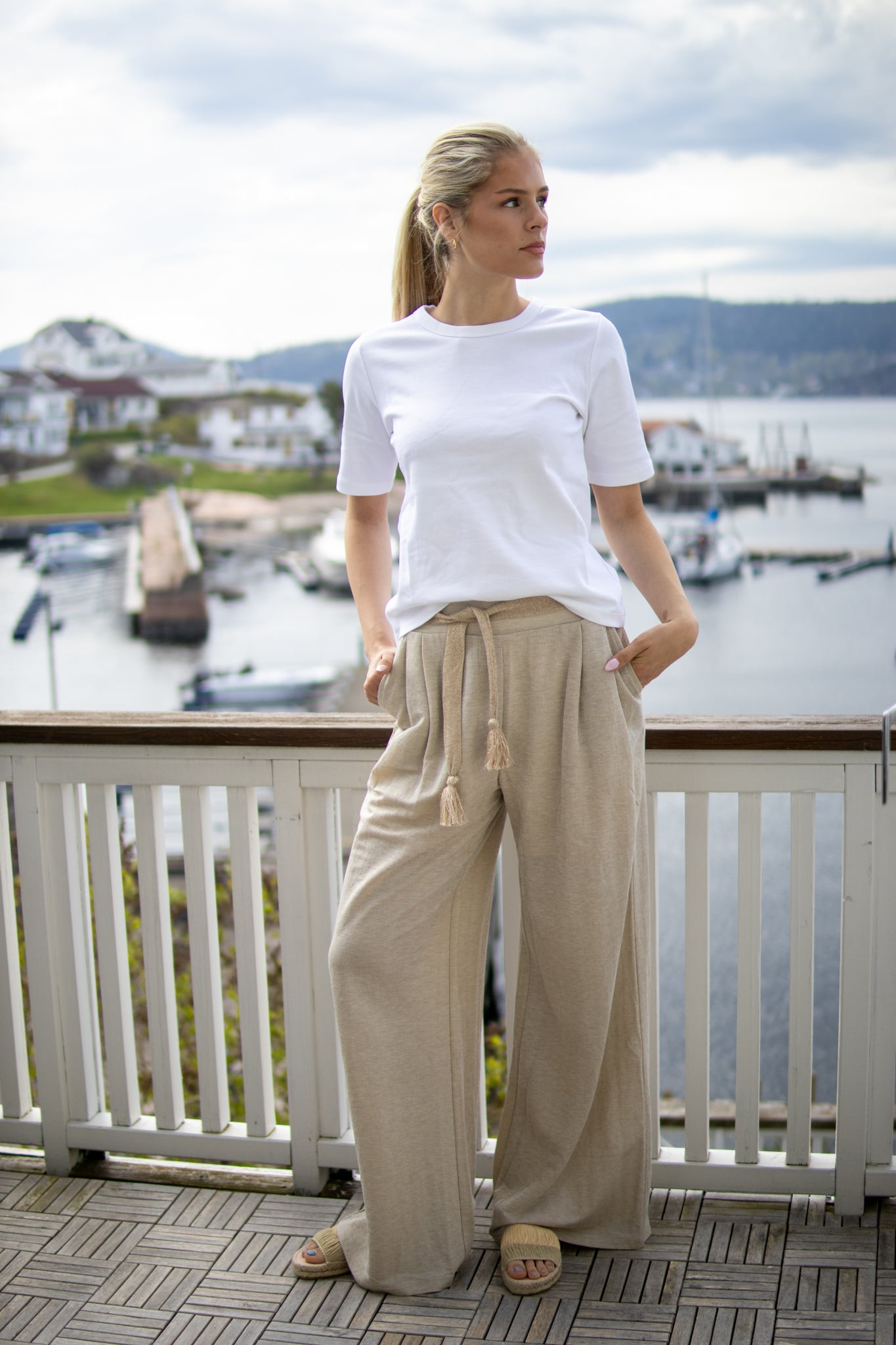 Jersey Trousers In Linen Look - Pebble Beige - Bukser - Helt Dilla AS