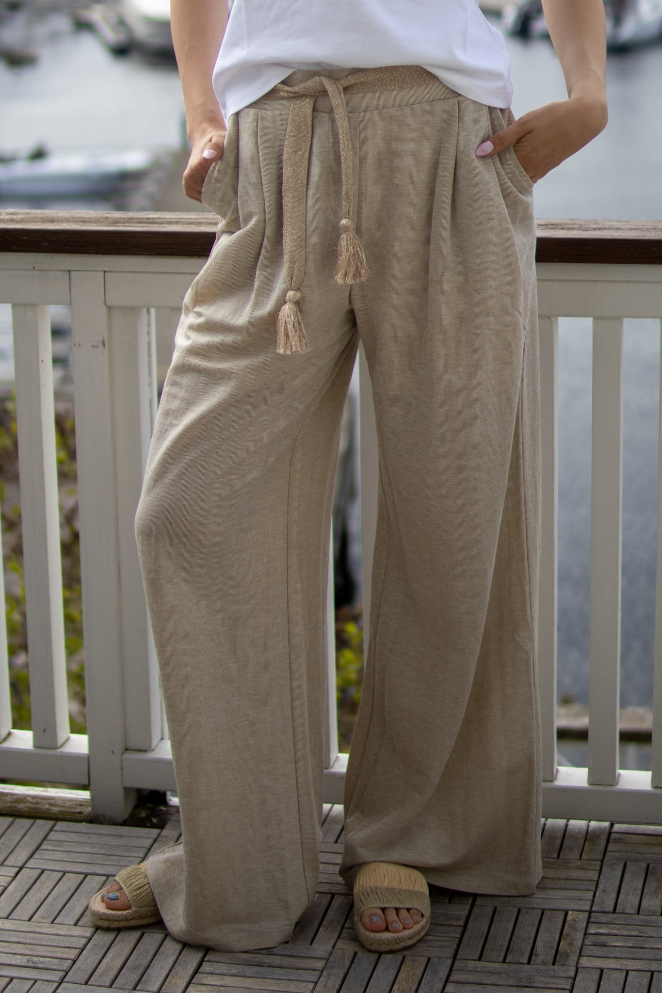Jersey Trousers In Linen Look - Pebble Beige - Bukser - Helt Dilla AS