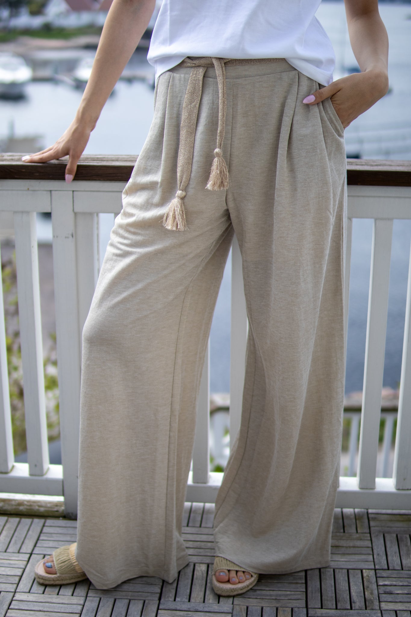 Jersey Trousers In Linen Look - Pebble Beige - Bukser - Helt Dilla AS