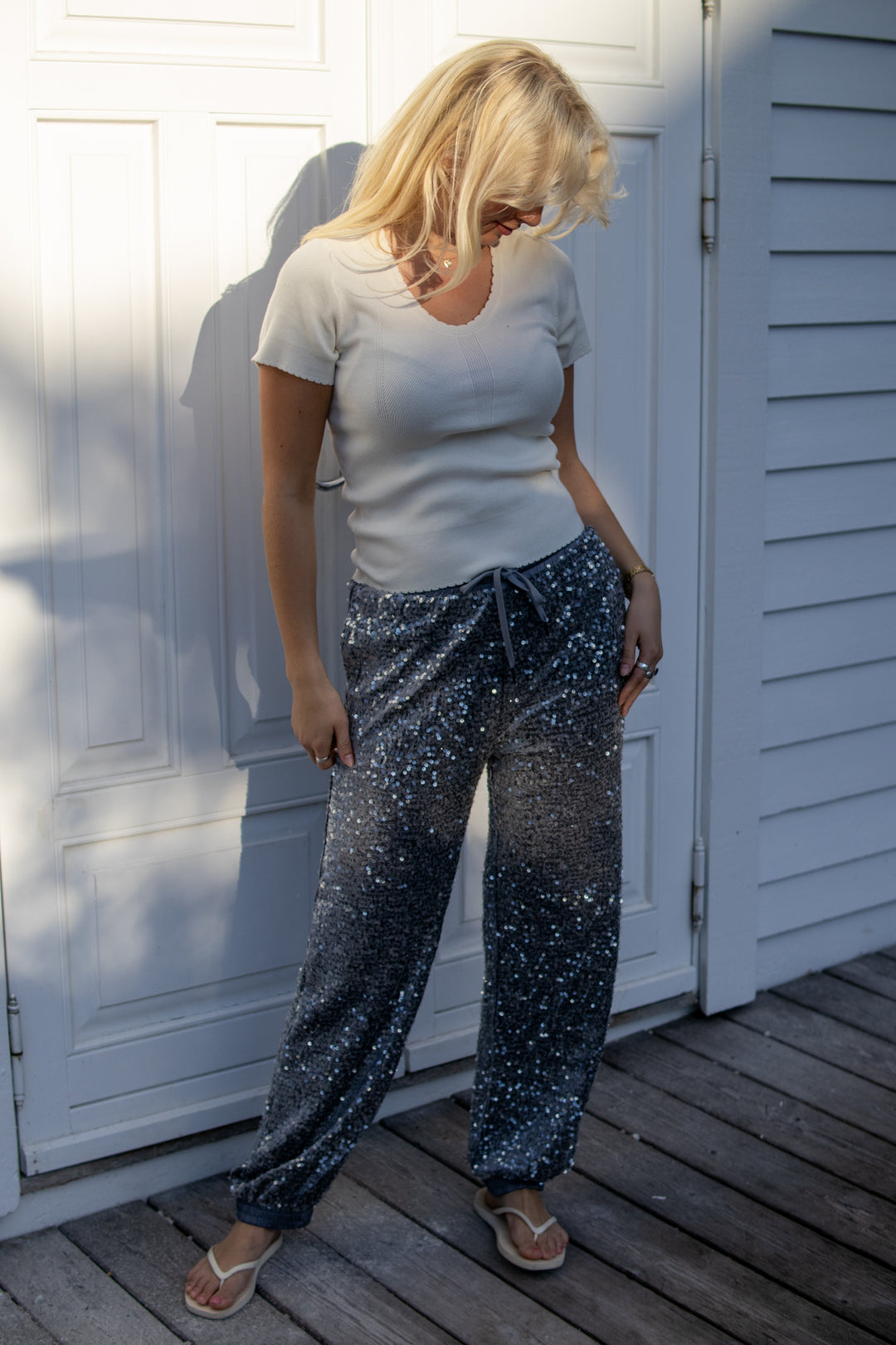 Pants Sequins Velours - Cloud